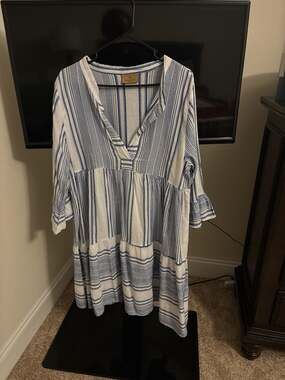 Domna Bogioka Blue and White Striped Greek Cotton Tiered Mini Dress